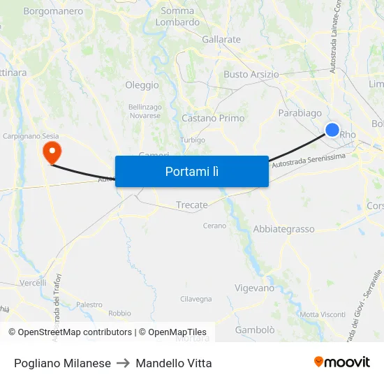 Pogliano Milanese to Mandello Vitta map