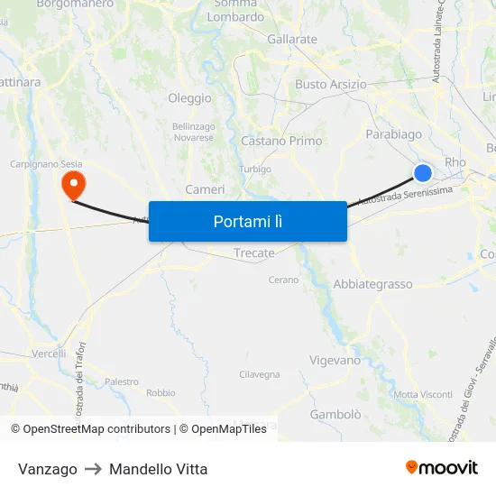 Vanzago to Mandello Vitta map