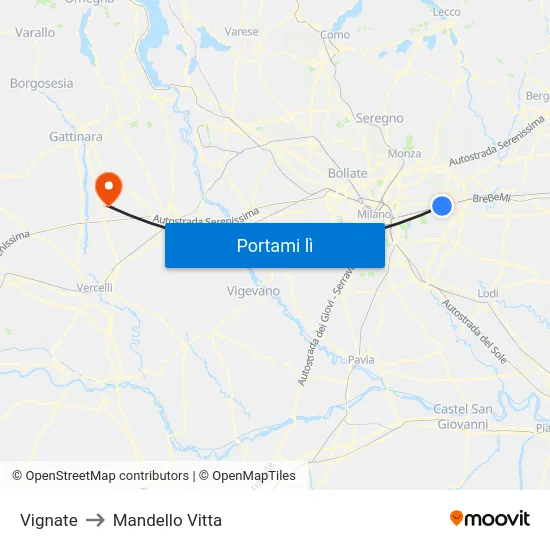 Vignate to Mandello Vitta map