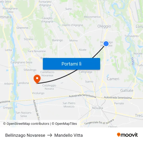 Bellinzago Novarese to Mandello Vitta map