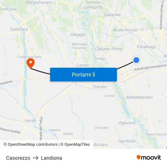 Casorezzo to Landiona map