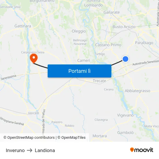 Inveruno to Landiona map
