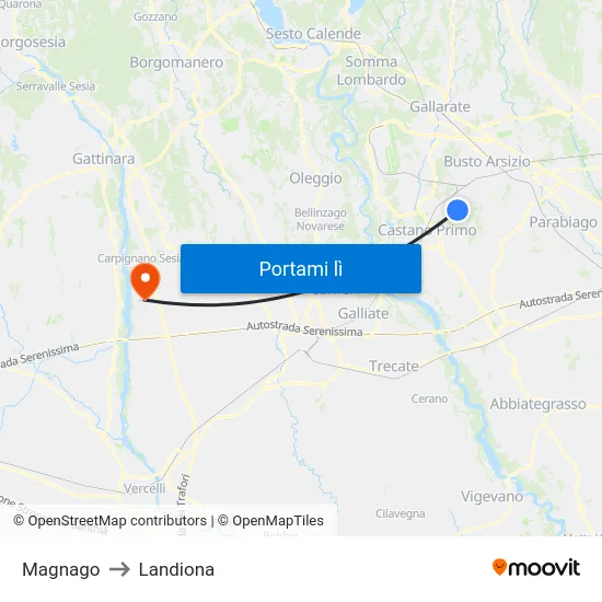 Magnago to Landiona map