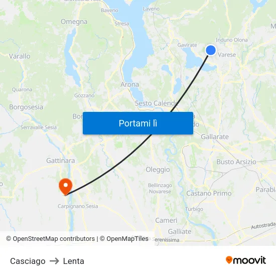 Casciago to Lenta map