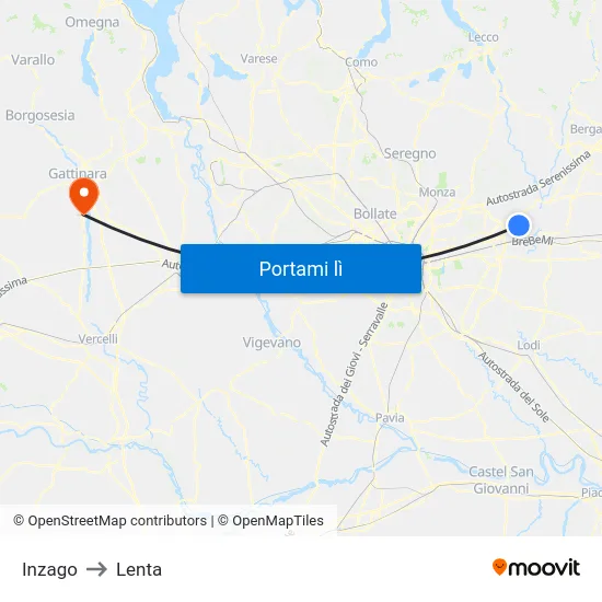 Inzago to Lenta map