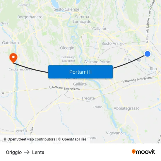 Origgio to Lenta map