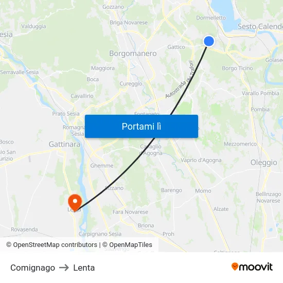 Comignago to Lenta map
