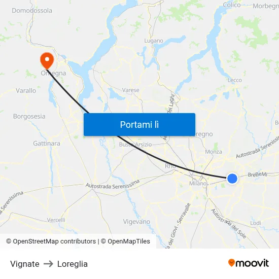 Vignate to Loreglia map