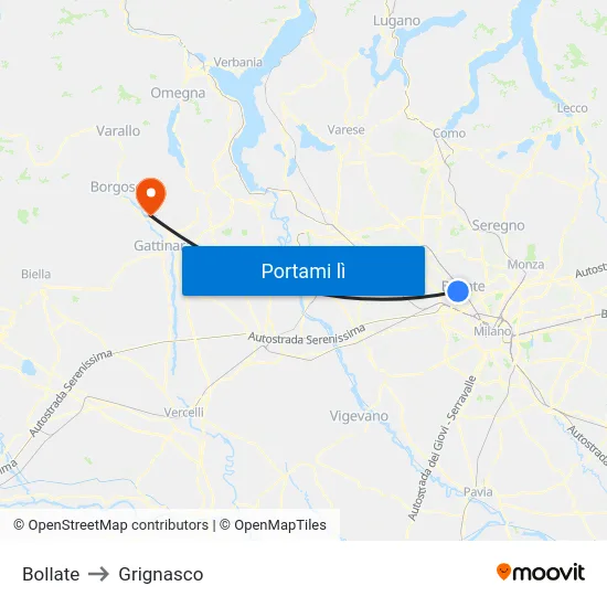 Bollate to Grignasco map