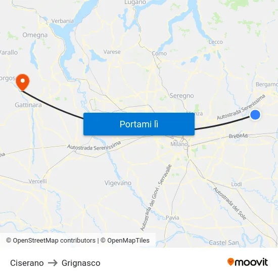 Ciserano to Grignasco map