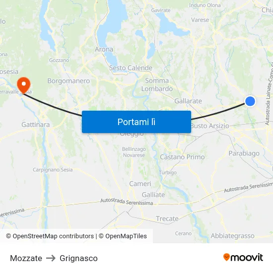 Mozzate to Grignasco map