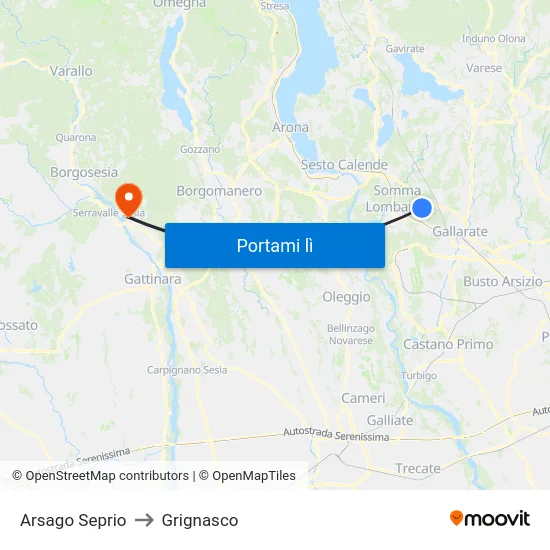 Arsago Seprio to Grignasco map