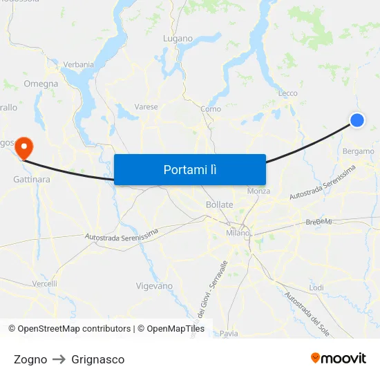Zogno to Grignasco map