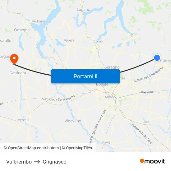 Valbrembo to Grignasco map