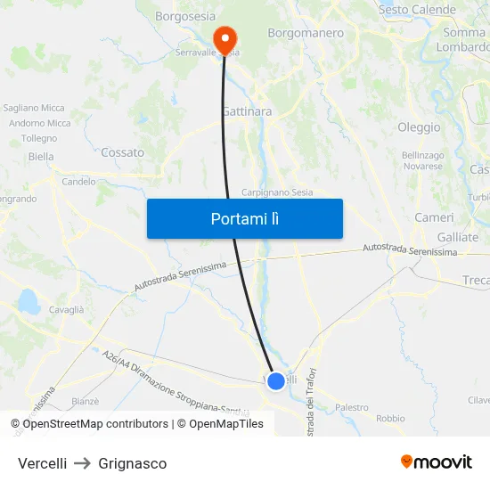 Vercelli to Grignasco map