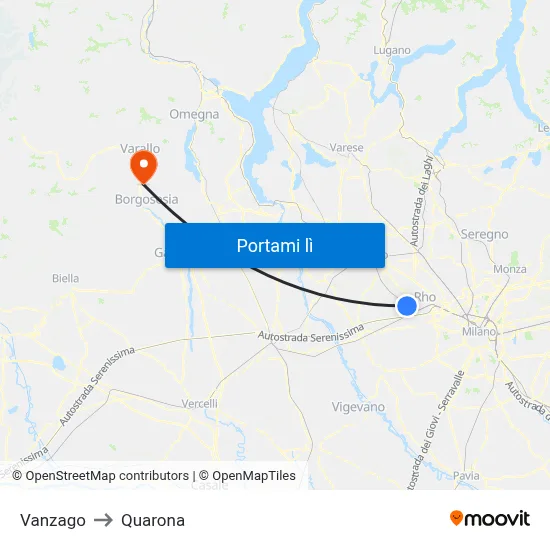 Vanzago to Quarona map