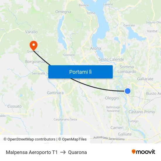 Malpensa Aeroporto T1 to Quarona map