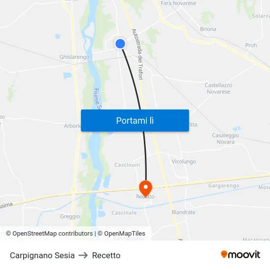 Carpignano Sesia to Recetto map