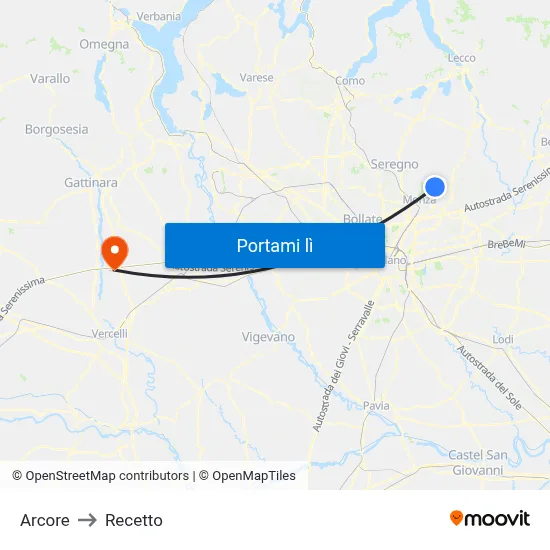 Arcore to Recetto map