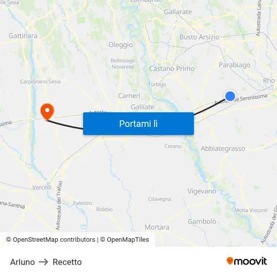 Arluno to Recetto map