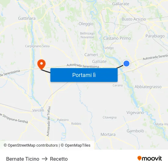 Bernate Ticino to Recetto map