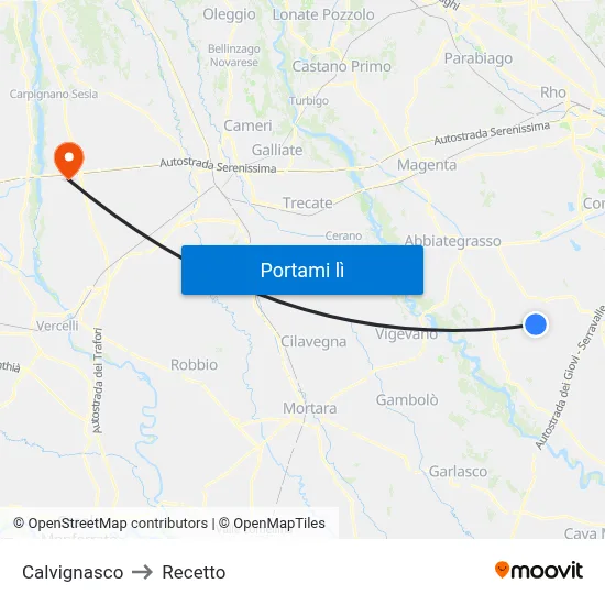 Calvignasco to Recetto map