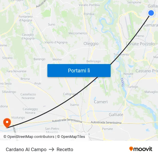Cardano Al Campo to Recetto map