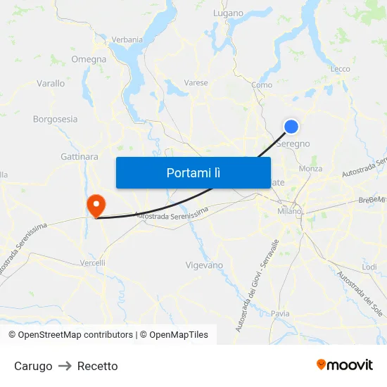 Carugo to Recetto map