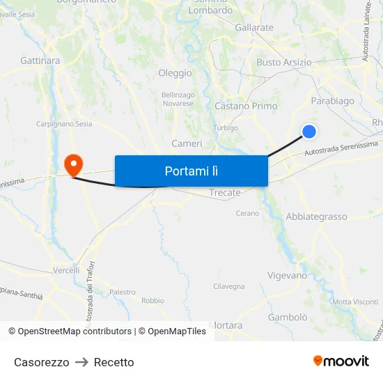 Casorezzo to Recetto map