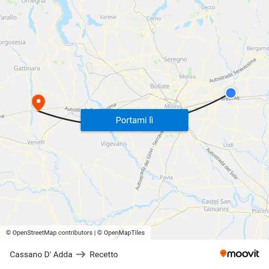 Cassano D' Adda to Recetto map