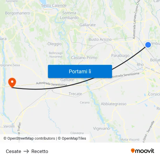 Cesate to Recetto map