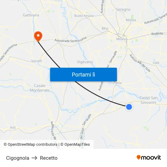 Cigognola to Recetto map