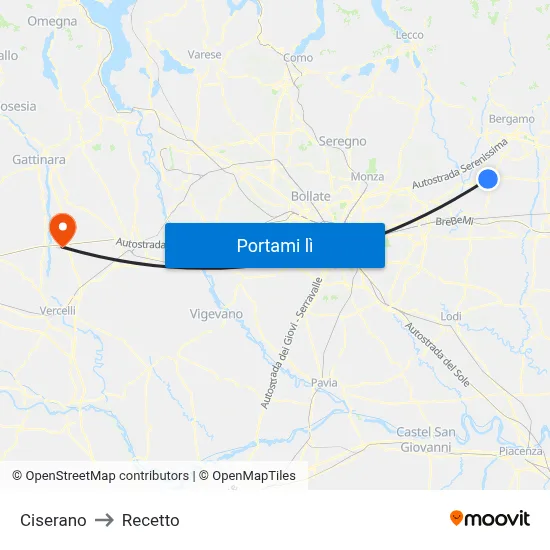 Ciserano to Recetto map