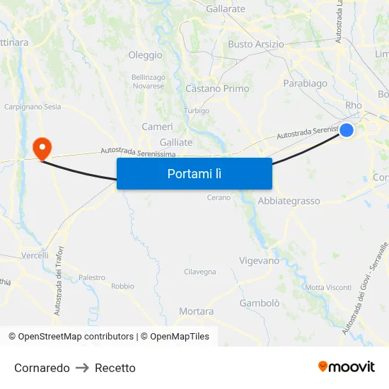 Cornaredo to Recetto map
