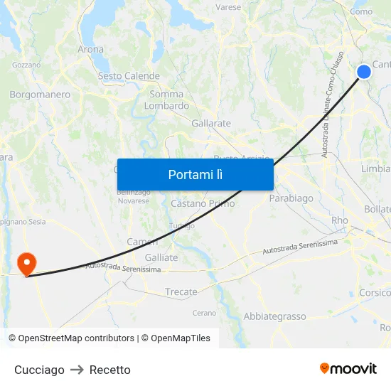 Cucciago to Recetto map