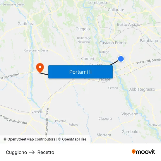 Cuggiono to Recetto map