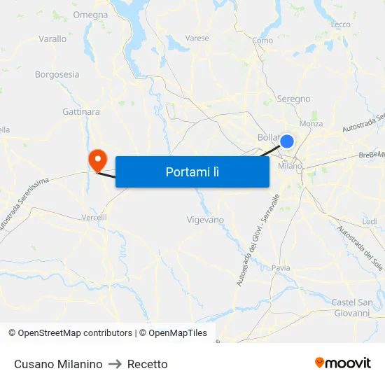 Cusano Milanino to Recetto map