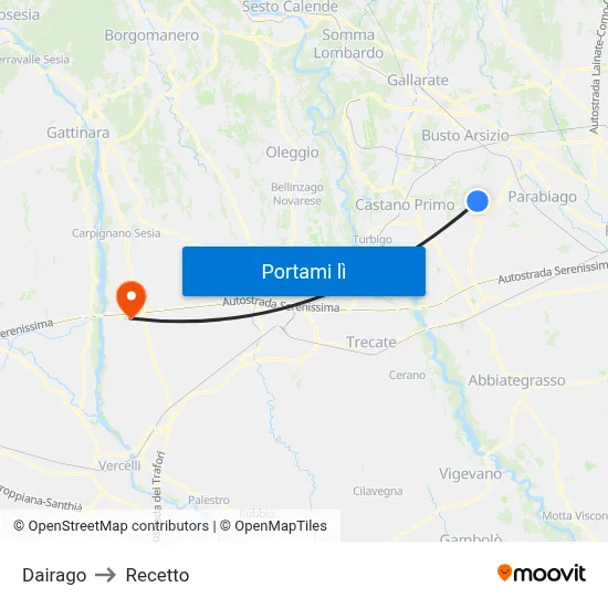 Dairago to Recetto map