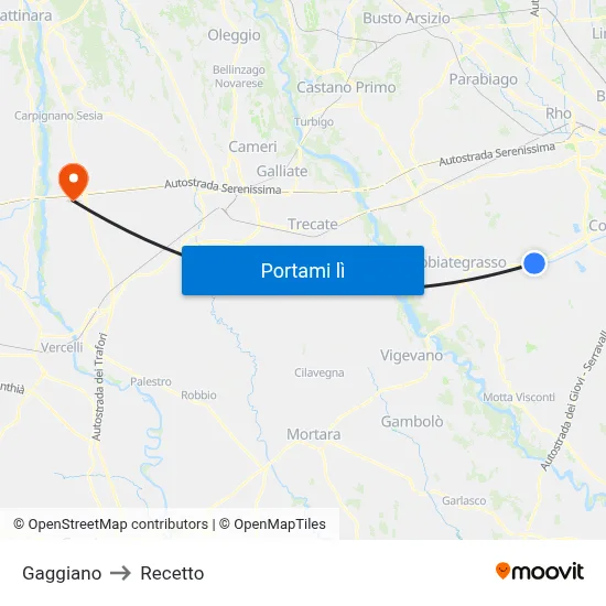 Gaggiano to Recetto map