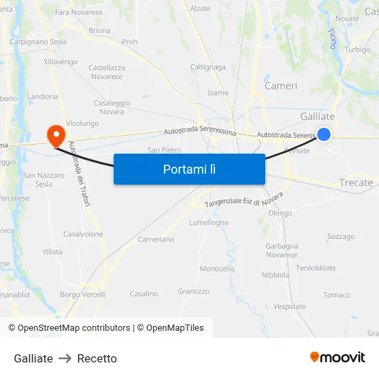 Galliate to Recetto map