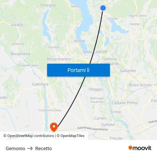 Gemonio to Recetto map