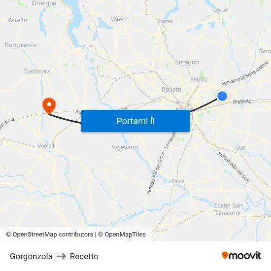 Gorgonzola to Recetto map
