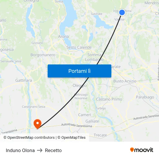 Induno Olona to Recetto map