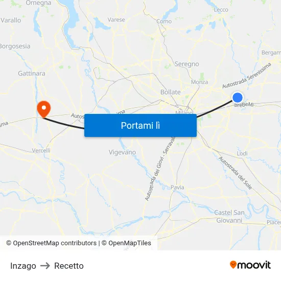 Inzago to Recetto map