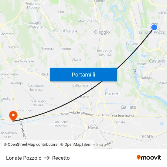 Lonate Pozzolo to Recetto map