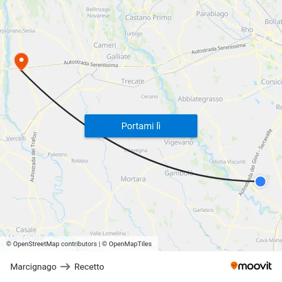 Marcignago to Recetto map