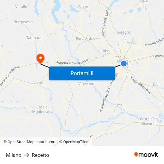 Milano to Recetto map