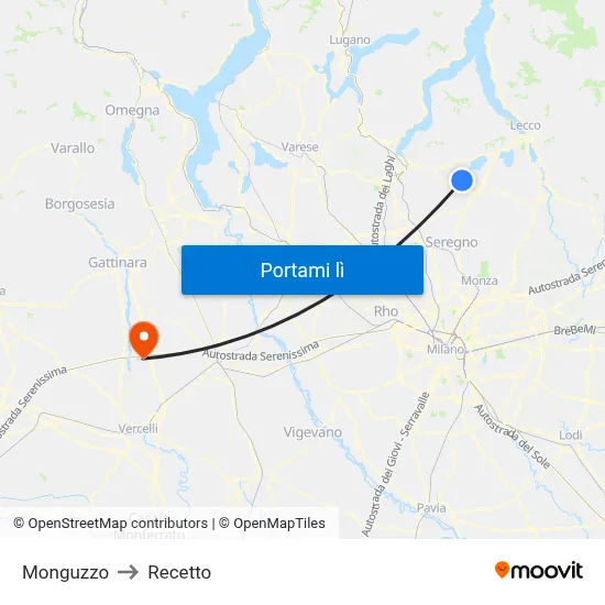 Monguzzo to Recetto map