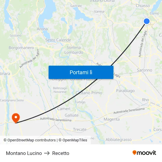Montano Lucino to Recetto map