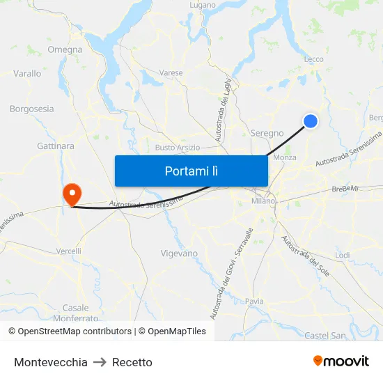 Montevecchia to Recetto map